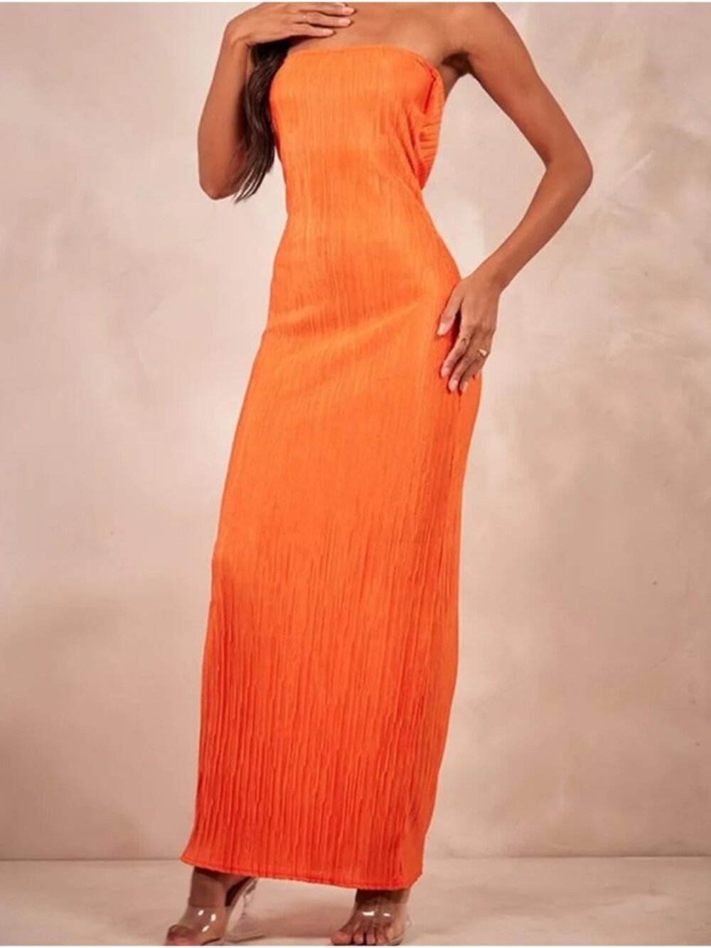 Prettylittlething Bright Orange Plissé Tie Back Maxi Dress Strapless Size 6